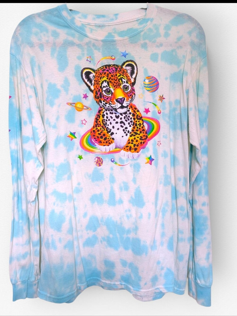 Lisa Frank Leopard Tee Blue White Tie Dye Long Sleeves Medium